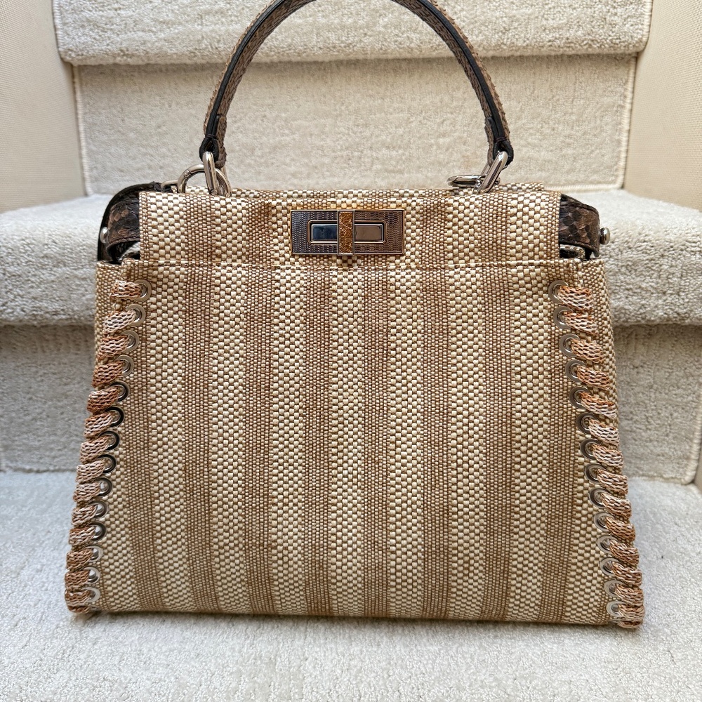 FENDI Peekaboo Laceup in snakeskin and raffia size medium tan colour